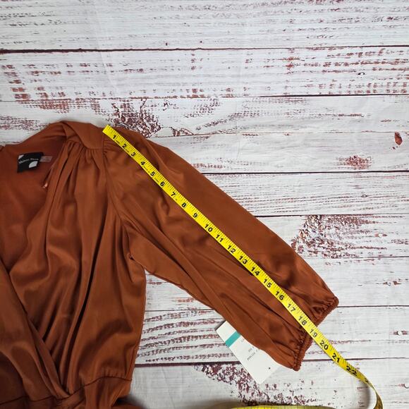 Maison Tara Sienna Brown Sheath Dress 16 Asymmetric Ruch Neutral Party Glam NWT - Picture 15 of 16